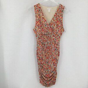 Leith ruched floral body con knit shift dress stretch surplice pink blue Medium